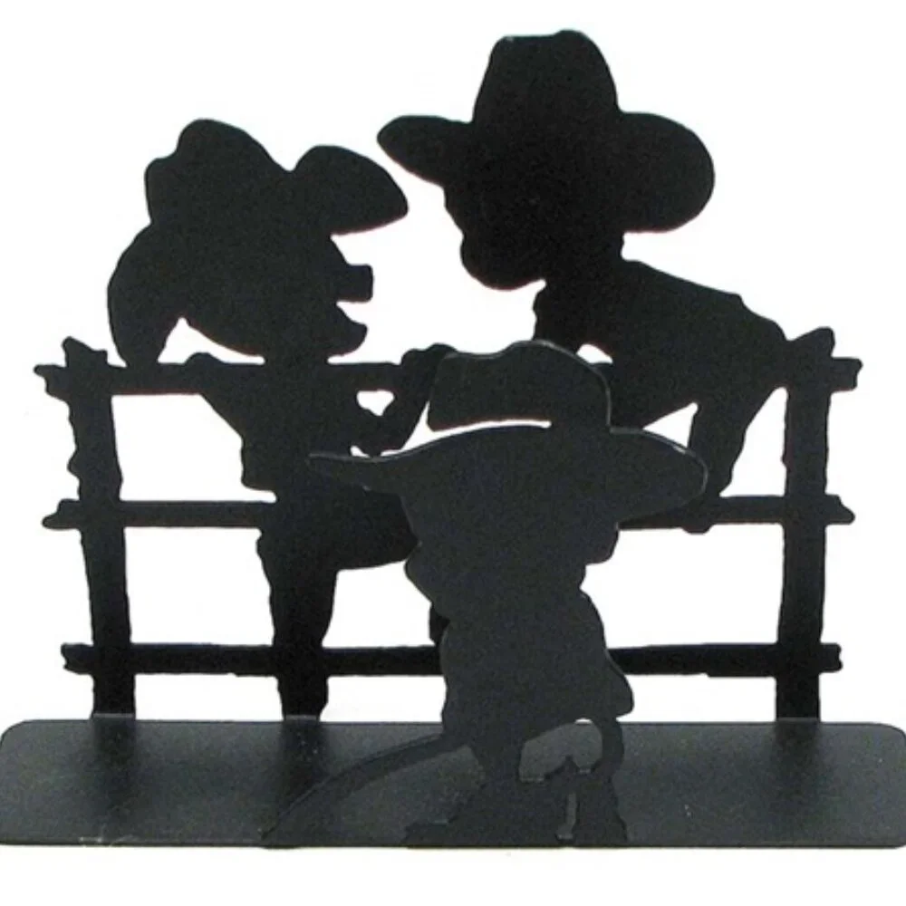 Black Metal Three Cowboys on Fence Letter Holder 7 1/4